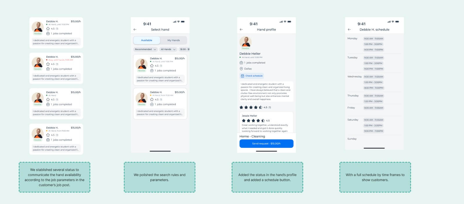 Screens — Customer solutions (status cards, filtered search, schedule view)