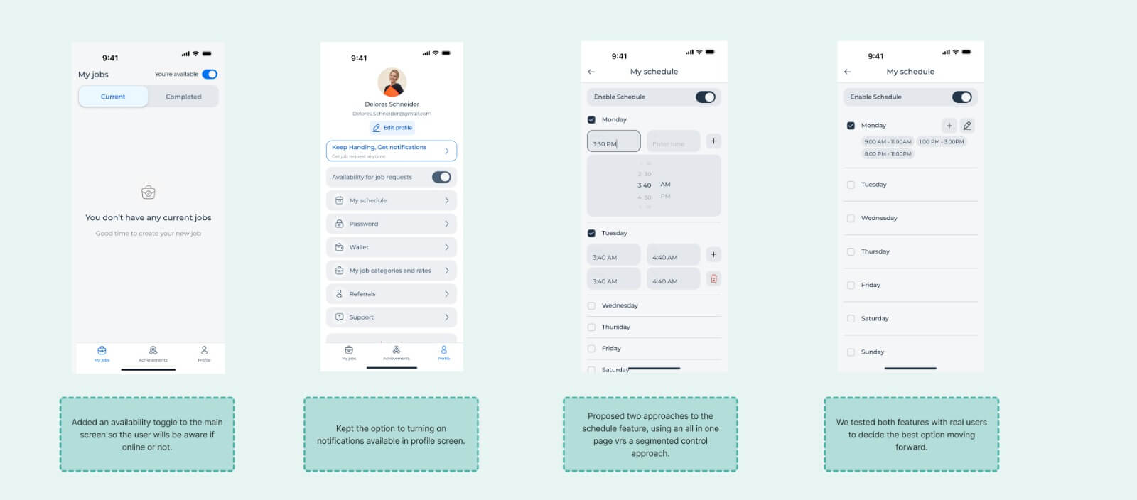 Screens — Student solutions (availability toggle, schedule options, notification prompts)